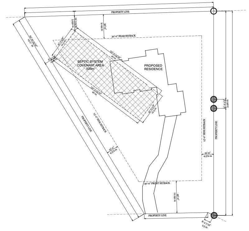 Site plan drawing showing a 500 square metre septic system covenant area, the proposed residence, property lines and required setbacks