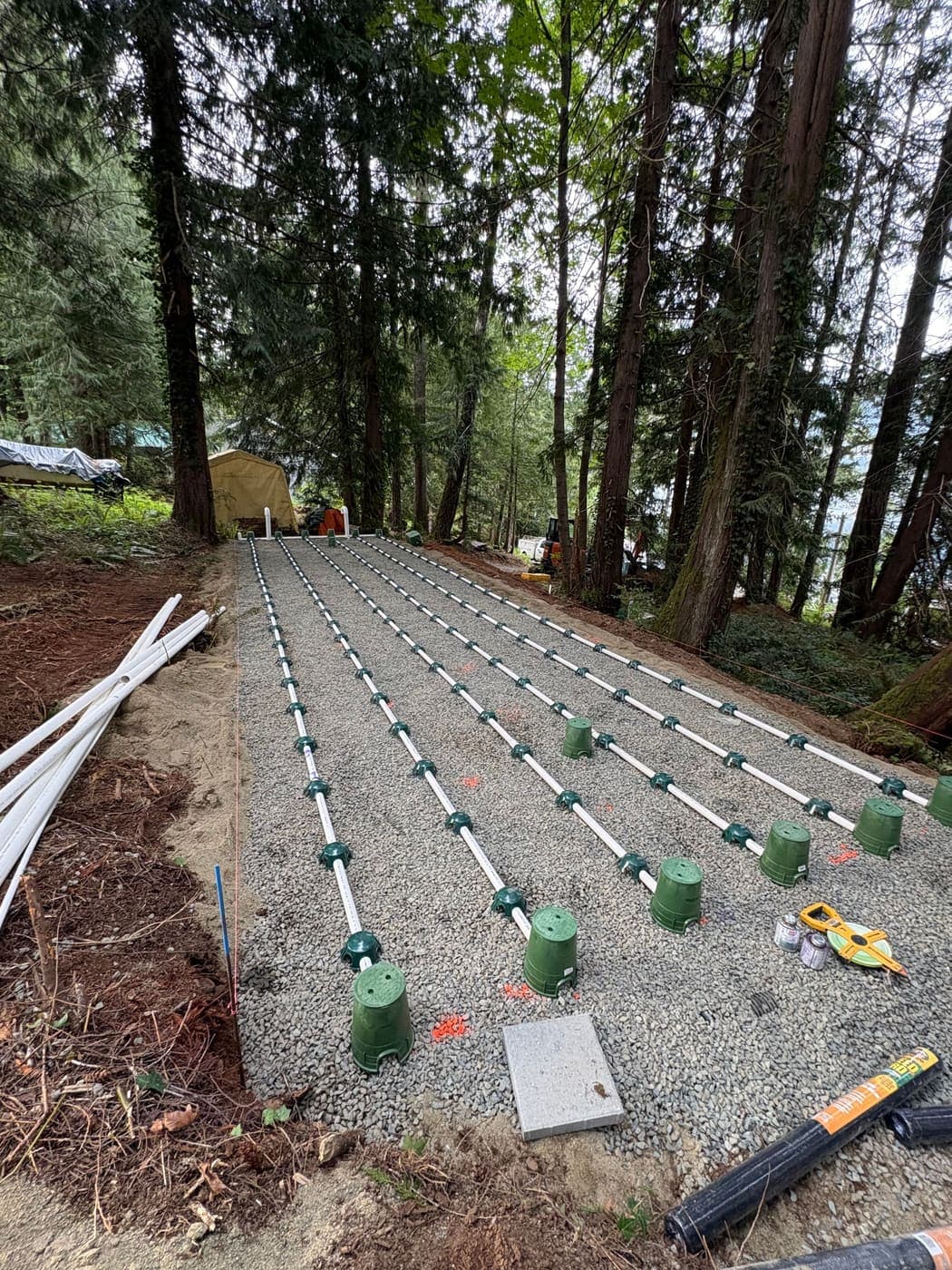 Sand mound dispersal bed under construction, with white PVC pressure laterals and green observation port risers set in washed aggregate beneath tall conifers