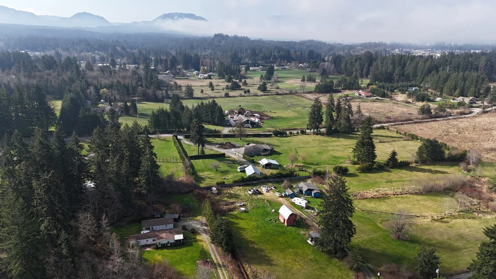 Aerial view of rural Vancouver Island properties, pasture and outbuildings backed by forest and mountains