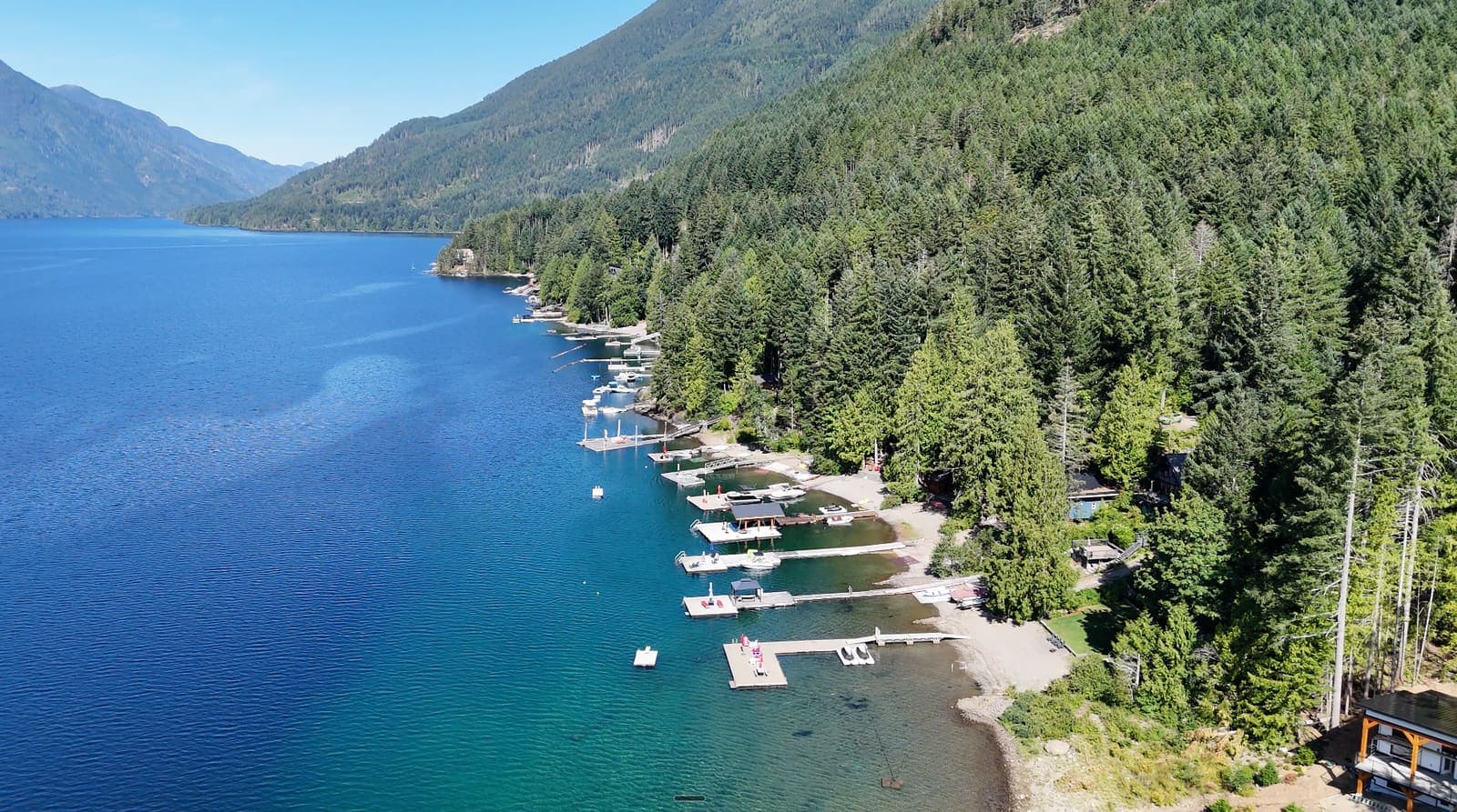 Aerial view of a Vancouver Island lake — waterfront homes and private docks along a forested shoreline, with clear blue water and a mountain slope rising behind