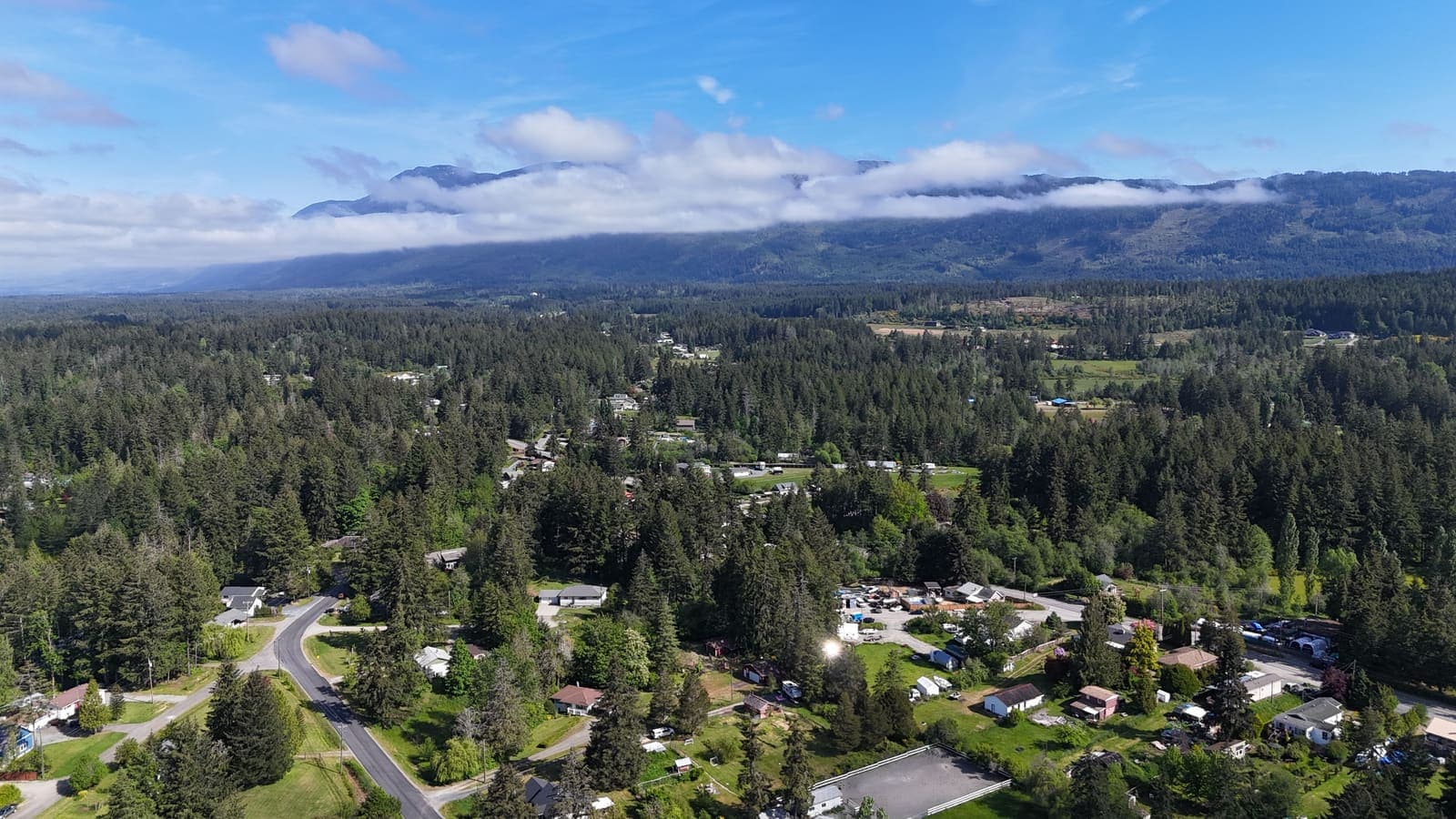 Aerial view of a forested rural valley on Vancouver Island with scattered rural properties, cleared ground and mountains beyond